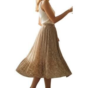 Mikarose Pleated Midi Skirt Small Mocha Green Floral Elastic Waist Modest